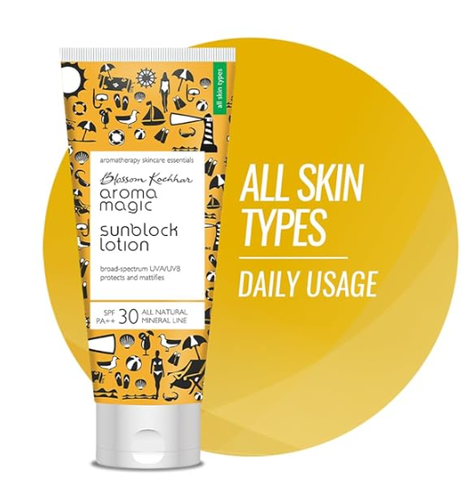 Aroma Magic Matte Sunblock Sunscreen Lotion | SPF 30 PA++ Protection with Non-Nano Zinc Oxide | No Parabens, Alcohol-Free | Calendula, Chamomile | Chemical-Free | All Skin | 100ml | Pack of 1